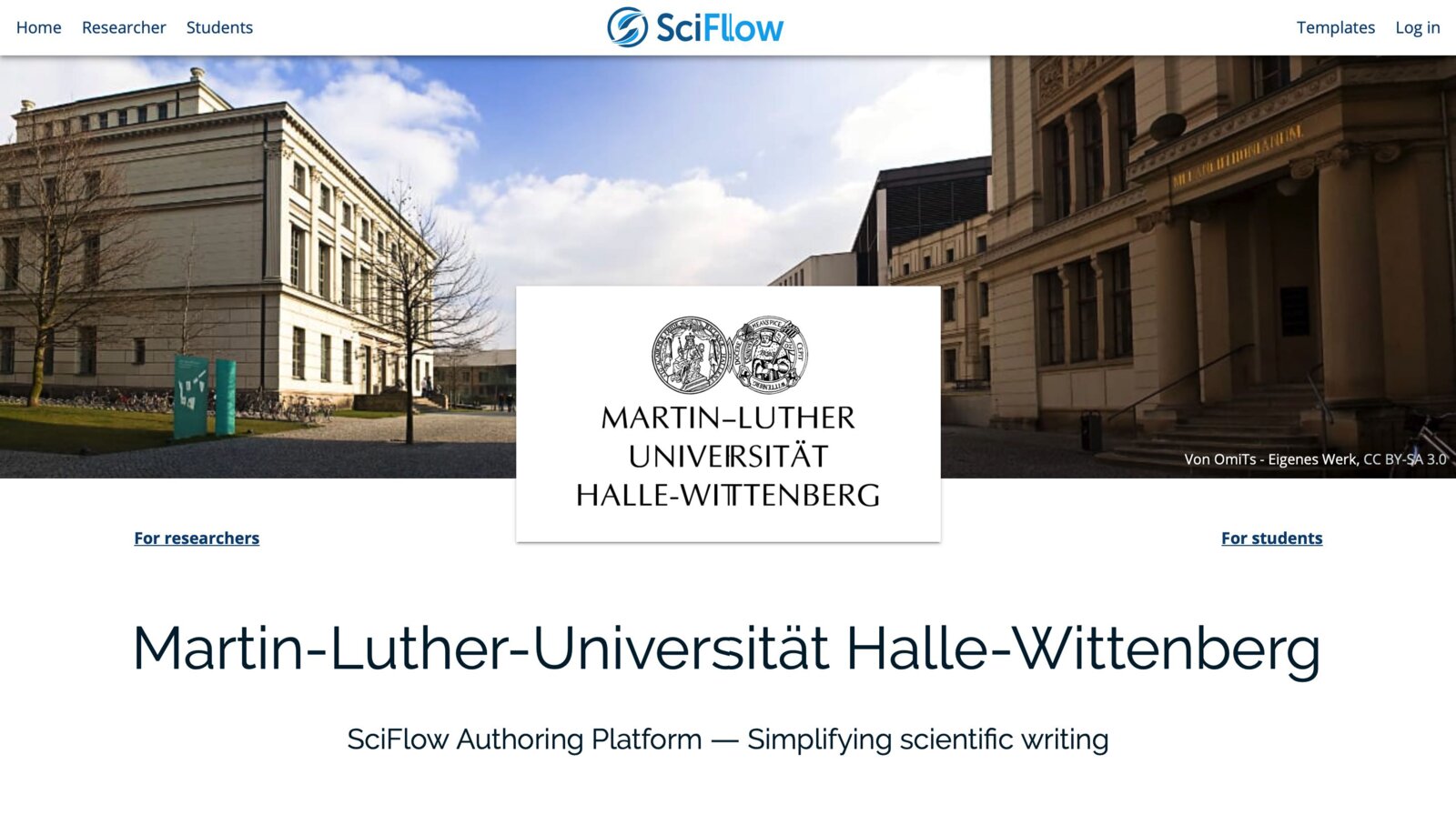 A laptop showing the SciFlow access page of Martin-Luther-Universität Halle-Wittenberg, with the headings “for researchers” and “for students”