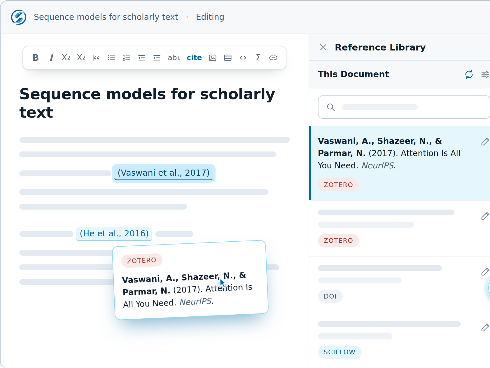 SciFlow editor with the reference library open