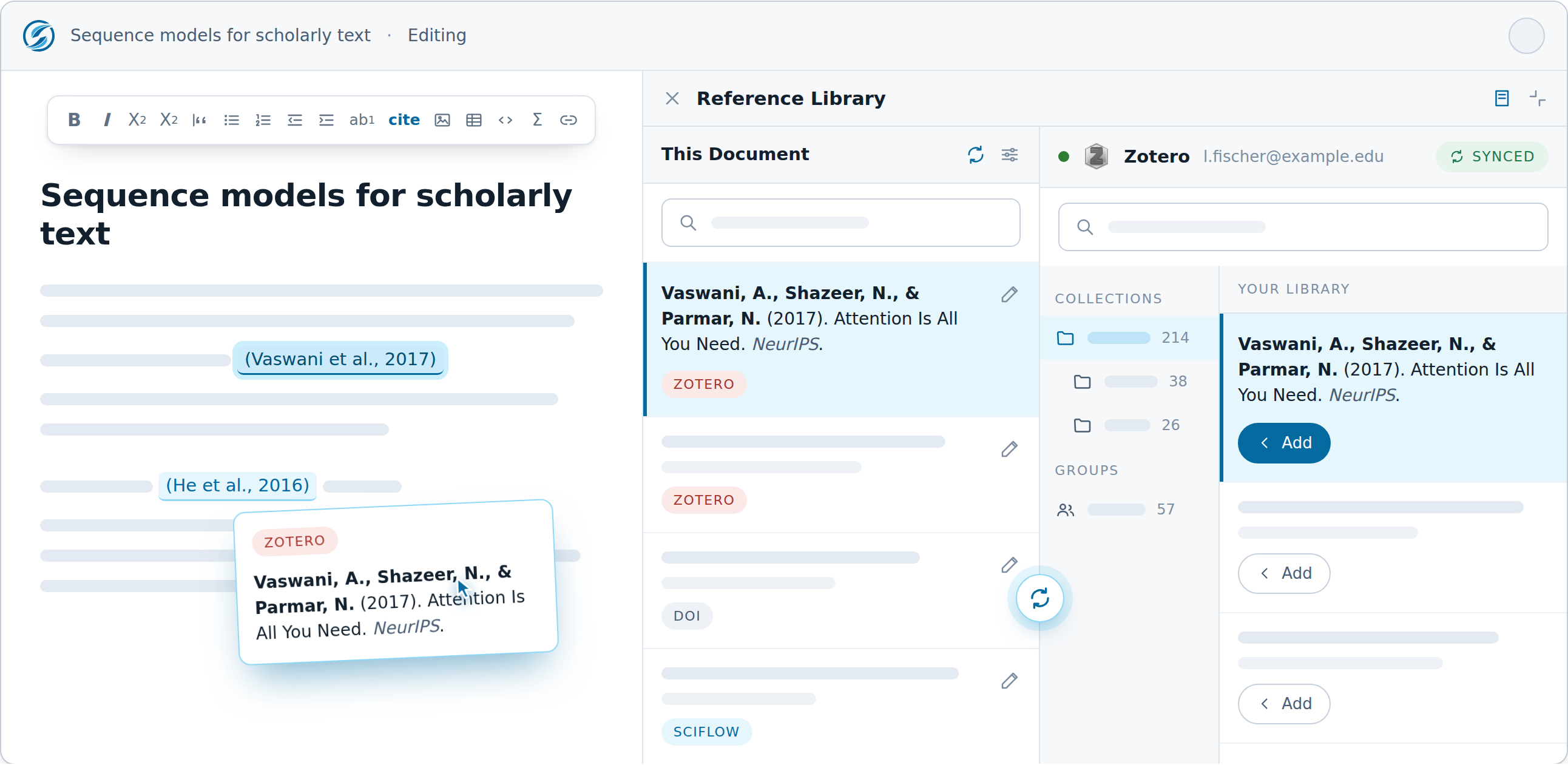 Der SciFlow-Editor mit geöffneter Referenzbibliothek: links der Text mit gesetzten Zitaten, rechts die Quellen des Dokuments und daneben die synchronisierte Zotero-Bibliothek.