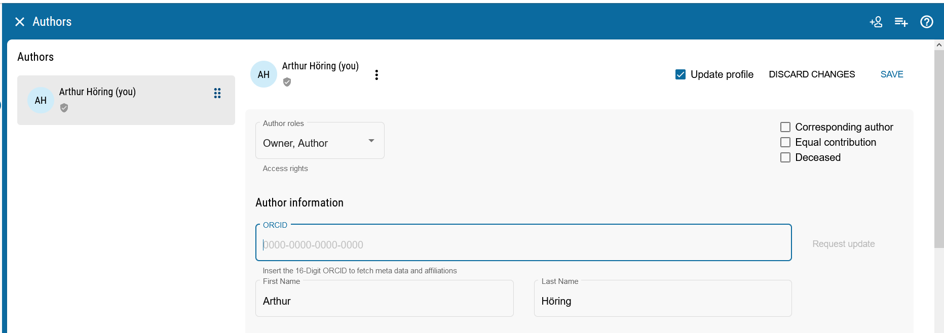 A menu to organize ones author data including the option to fetch data from ORCID.